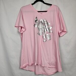 Hanes Womens Silver Flower Short Sleeve VNeck Shirt Size 3X Pink